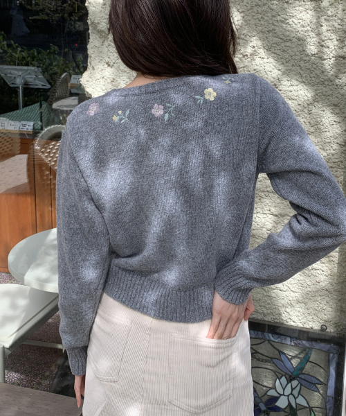 FLOWER EMBROIDERY CARDIGAN GREY