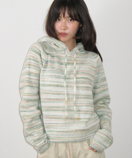 SOFT STRIPE HOOD KNIT GREEN