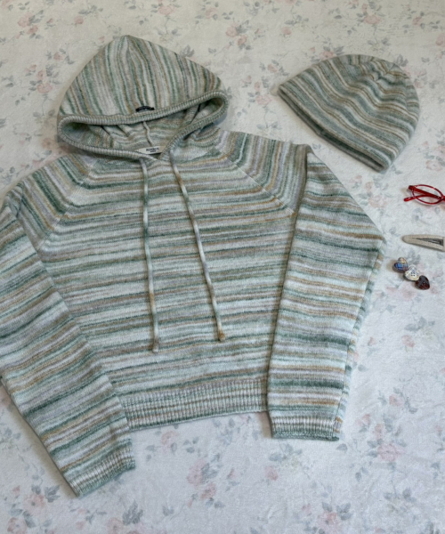 SOFT STRIPE HOOD KNIT GREEN