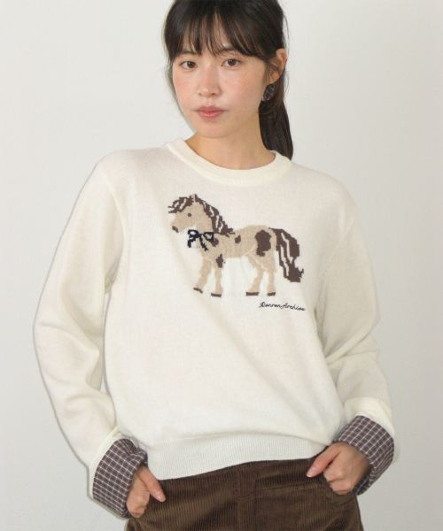 PONY CHECK CUFFS KNIT PULLOVER CREAM