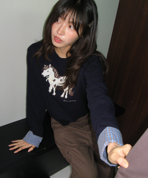PONY CHECK CUFFS KNIT PULLOVER NAVY