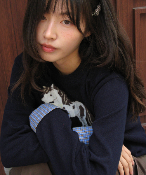PONY CHECK CUFFS KNIT PULLOVER NAVY