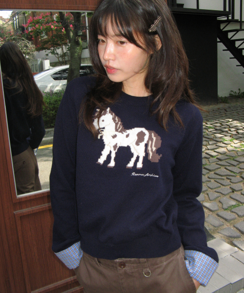 PONY CHECK CUFFS KNIT PULLOVER NAVY