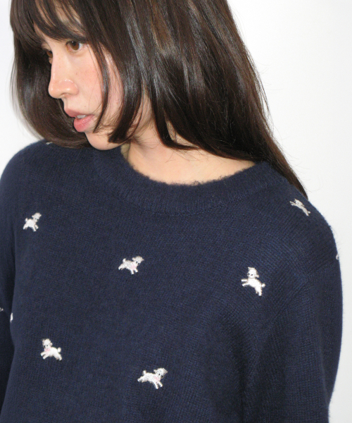 RIBBON SHEEP PATTERN KNIT PULLOVER NAVY
