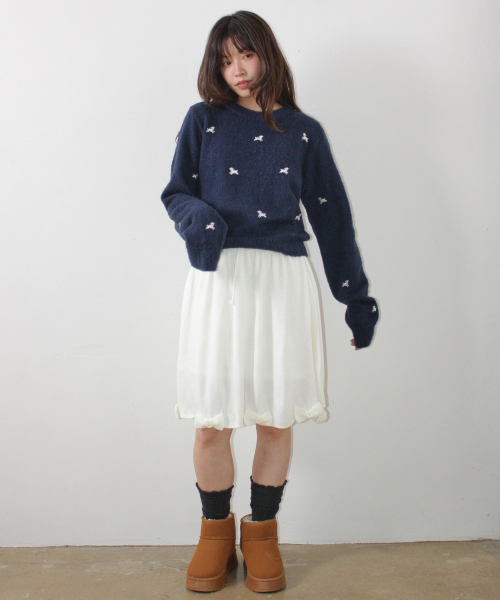 RIBBON SHEEP PATTERN KNIT PULLOVER NAVY