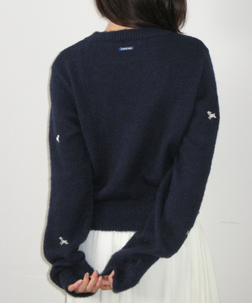 RIBBON SHEEP PATTERN KNIT PULLOVER NAVY