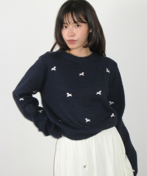 RIBBON SHEEP PATTERN KNIT PULLOVER NAVY