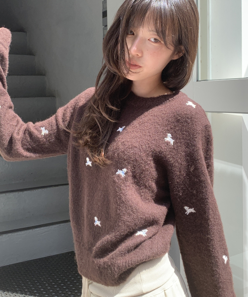 RIBBON SHEEP PATTERN KNIT PULLOVER BROWN