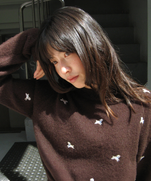 RIBBON SHEEP PATTERN KNIT PULLOVER BROWN