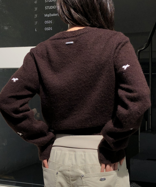 RIBBON SHEEP PATTERN KNIT PULLOVER BROWN
