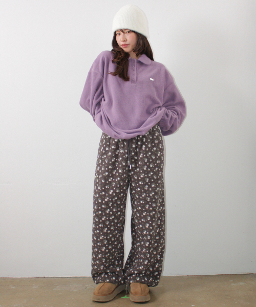 FLOWER PATTERN FLEECE PANTS CHARCOAL