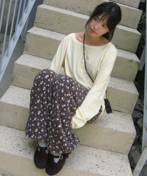 FLOWER PATTERN FLEECE PANTS CHARCOAL