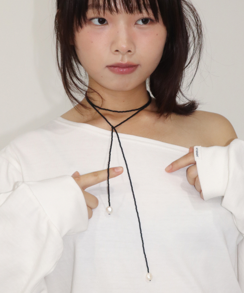 bead pearl tie necklace - black