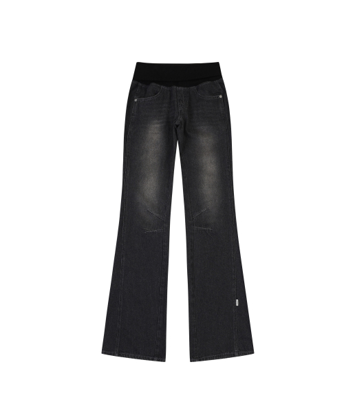 RIBBED WAIST BOOTCUT JEANS [BLACK]