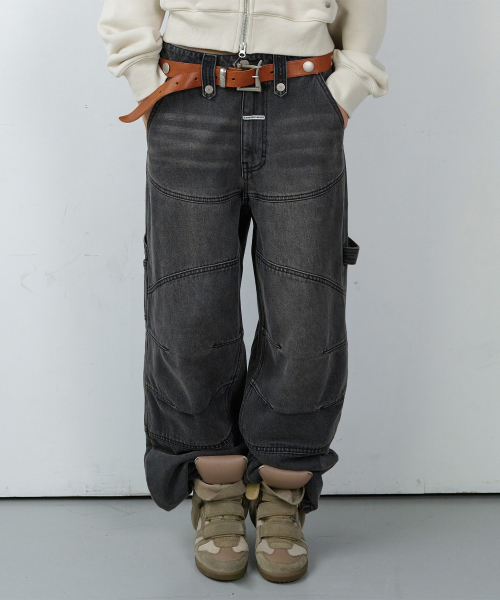 ROUND DOUBLE KNEE DENIM PANTS BLACK