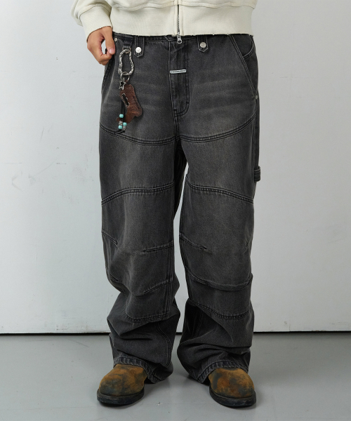 ROUND DOUBLE KNEE DENIM PANTS BLACK