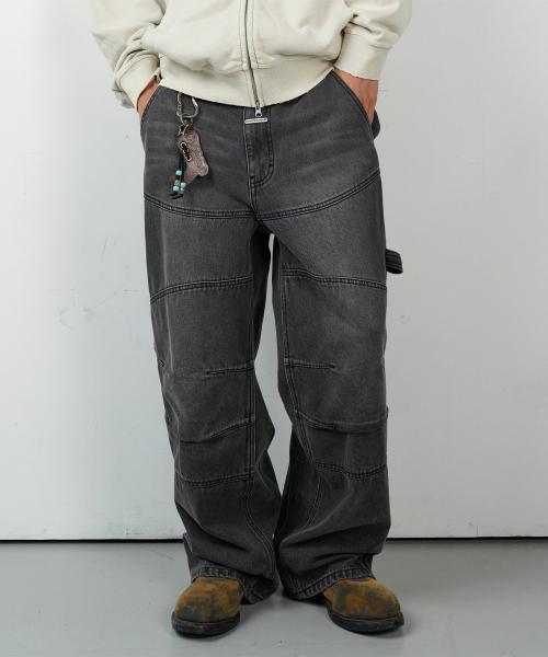 ROUND DOUBLE KNEE DENIM PANTS BLACK