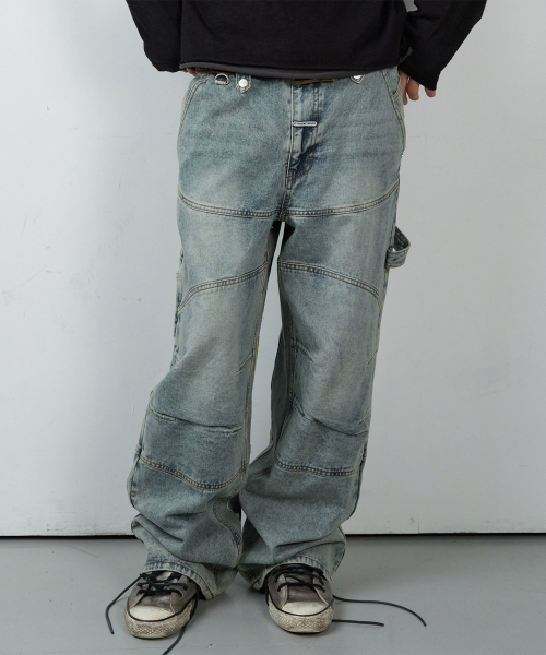 ROUND DOUBLE KNEE DENIM PANTS LIGHT BLUE