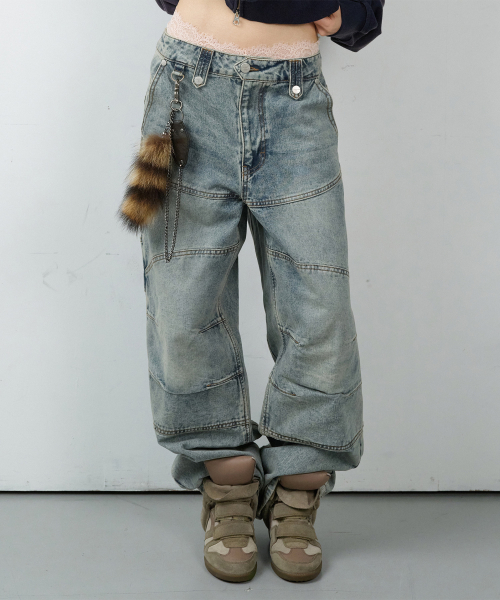 ROUND DOUBLE KNEE DENIM PANTS LIGHT BLUE