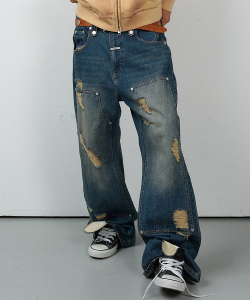 DESTROYED BOOTS CUT DENIM PANTS BLUE