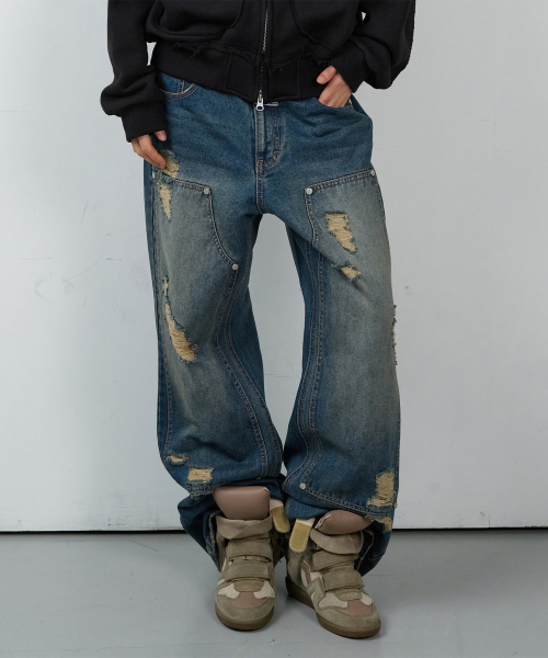 DESTROYED BOOTS CUT DENIM PANTS BLUE