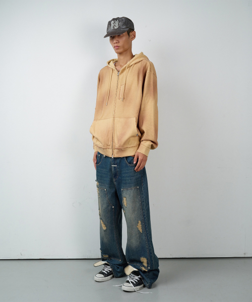 DESTROYED BOOTS CUT DENIM PANTS BLUE