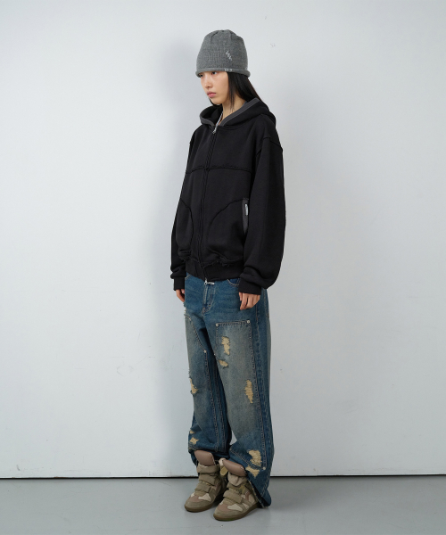 DESTROYED BOOTS CUT DENIM PANTS BLUE