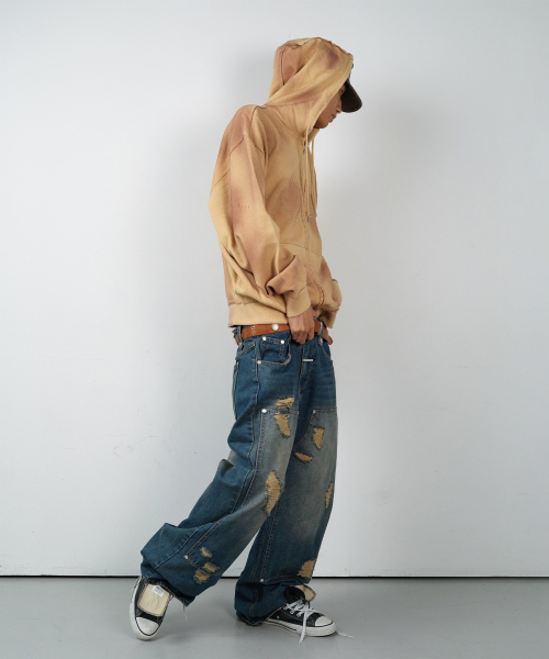 DESTROYED BOOTS CUT DENIM PANTS BLUE