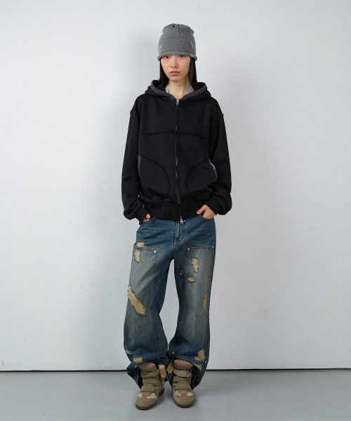 DESTROYED BOOTS CUT DENIM PANTS BLUE