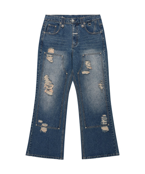 DESTROYED BOOTS CUT DENIM PANTS BLUE