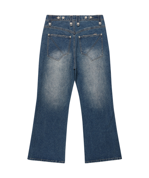 DESTROYED BOOTS CUT DENIM PANTS BLUE