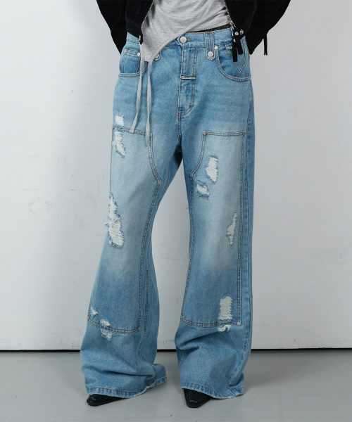 DESTROYED BOOTS CUT DENIM PANTS LIGHT BLUE