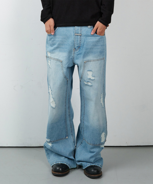 DESTROYED BOOTS CUT DENIM PANTS LIGHT BLUE