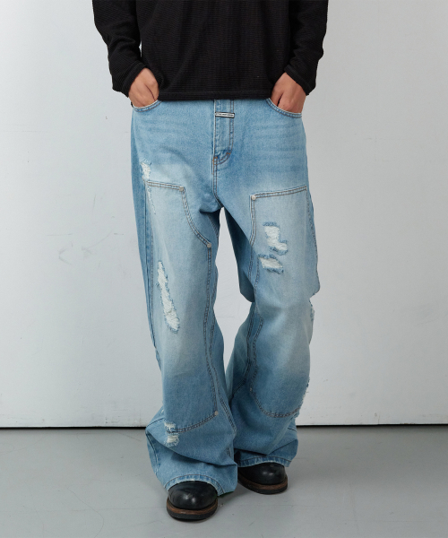 DESTROYED BOOTS CUT DENIM PANTS LIGHT BLUE