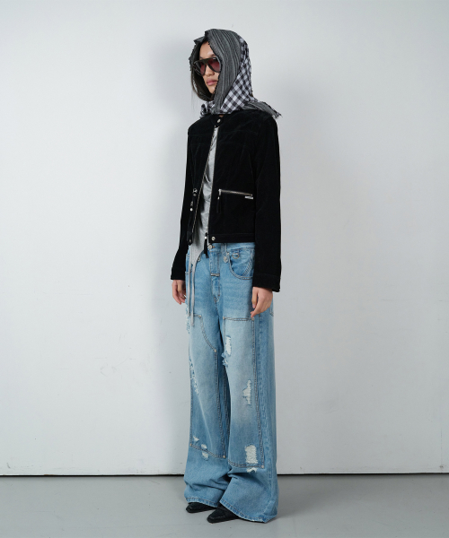 DESTROYED BOOTS CUT DENIM PANTS LIGHT BLUE