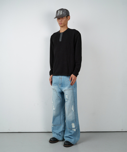 DESTROYED BOOTS CUT DENIM PANTS LIGHT BLUE
