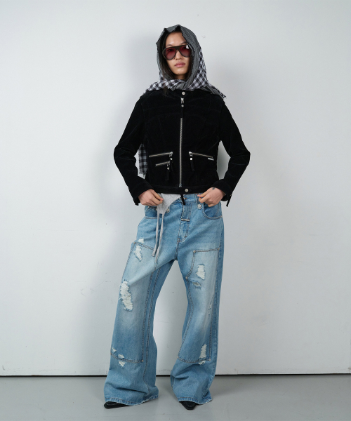 DESTROYED BOOTS CUT DENIM PANTS LIGHT BLUE