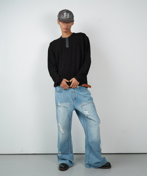 DESTROYED BOOTS CUT DENIM PANTS LIGHT BLUE