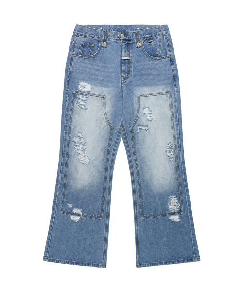 DESTROYED BOOTS CUT DENIM PANTS LIGHT BLUE