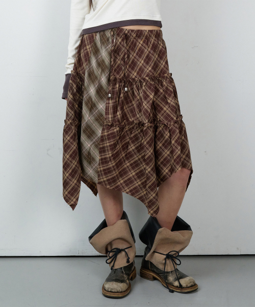 UNBALANCE LAYERED CHECK SKIRT (W) BROWN
