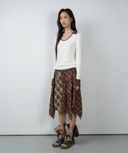 UNBALANCE LAYERED CHECK SKIRT (W) BROWN