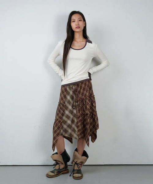 UNBALANCE LAYERED CHECK SKIRT (W) BROWN