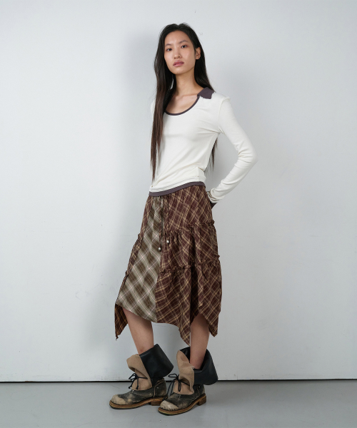 UNBALANCE LAYERED CHECK SKIRT (W) BROWN