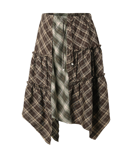 UNBALANCE LAYERED CHECK SKIRT (W) BROWN