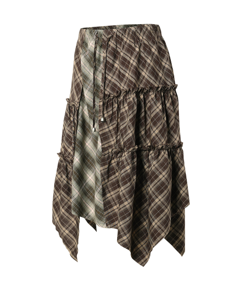 UNBALANCE LAYERED CHECK SKIRT (W) BROWN