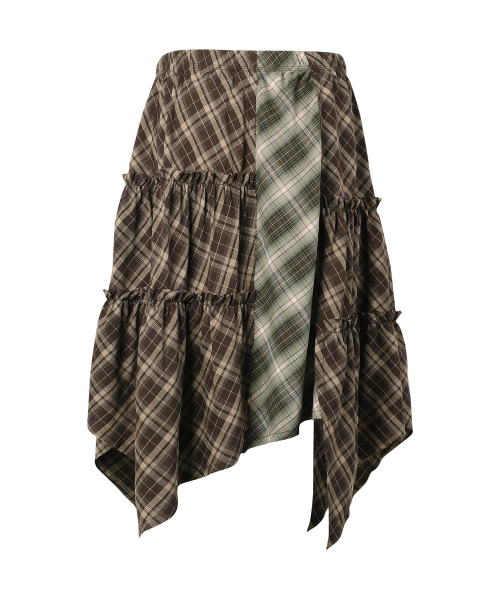 UNBALANCE LAYERED CHECK SKIRT (W) BROWN