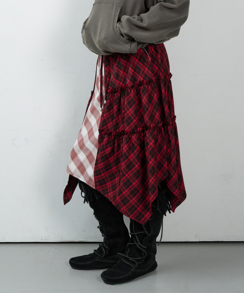 UNBALANCE LAYERED CHECK SKIRT (W) RED