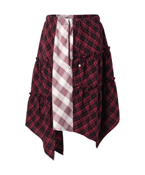 UNBALANCE LAYERED CHECK SKIRT (W) RED