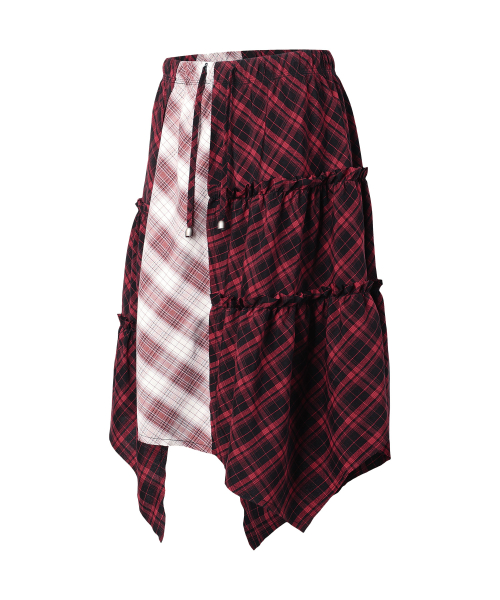 UNBALANCE LAYERED CHECK SKIRT (W) RED