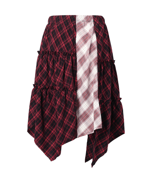 UNBALANCE LAYERED CHECK SKIRT (W) RED